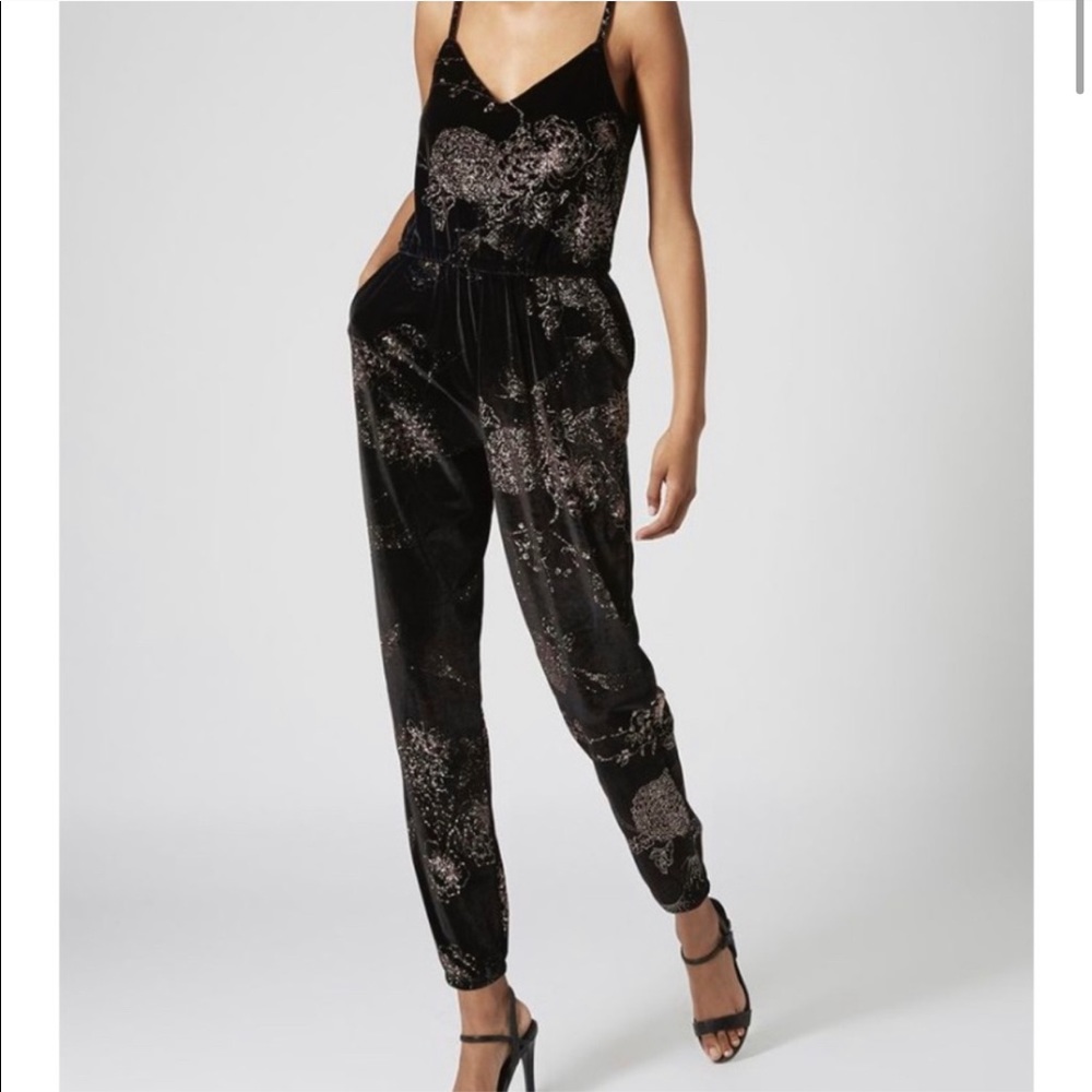 NWT Topshop Velvet Floral Glitter Jumpsuit US 6